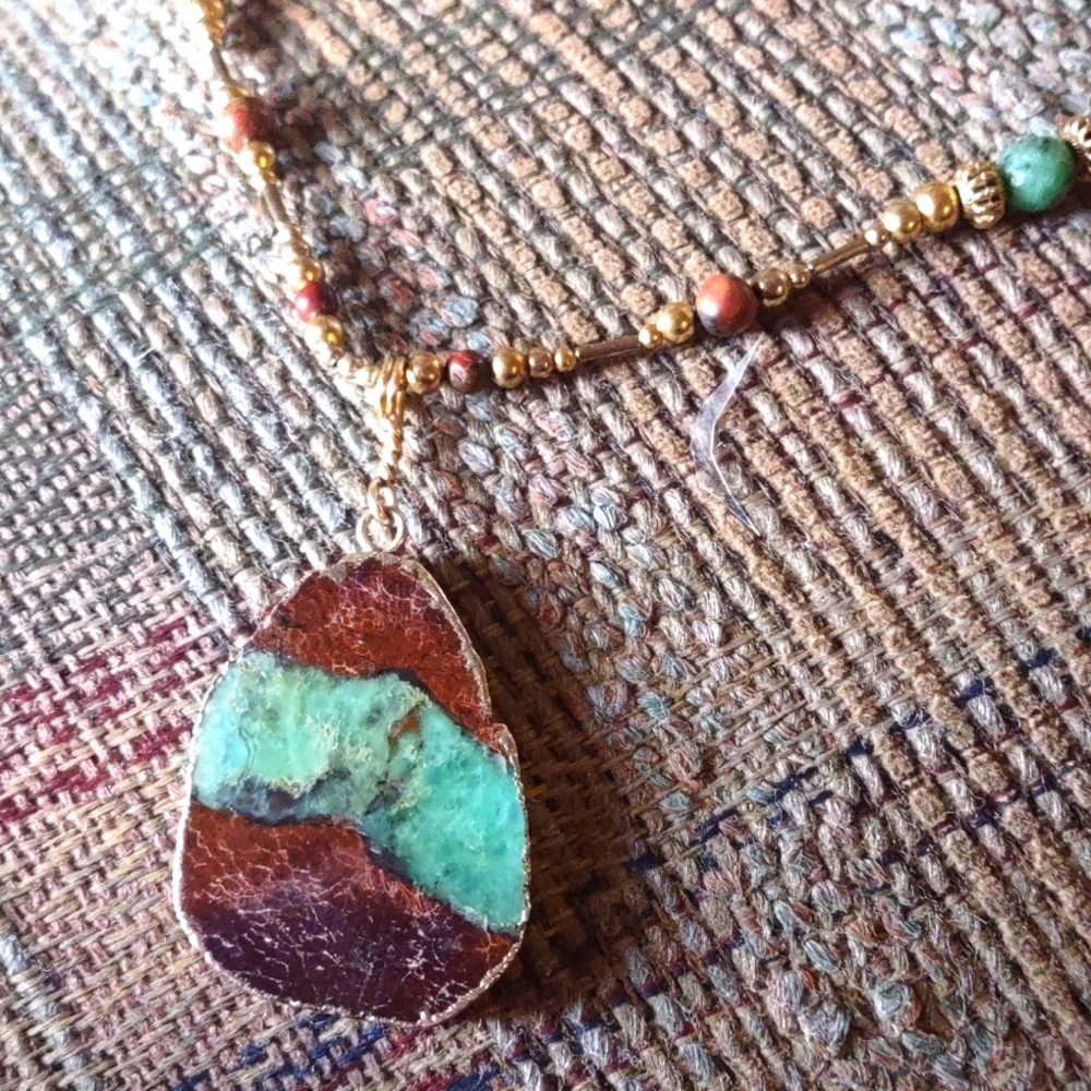 Bohemian beaded necklace with green slab pendant w/ gold trim